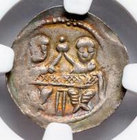 8920. Bolesław IV Kędzierzawy, Denar - Dwóch za stołem - NGC AU55