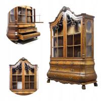 Wysoka WITRYNA orzechowa 214 cm DEKOR VINTAGE Witryna drewniana SZUFLADY