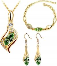 Złocony komplet biżuterii łezki zielone cyrkonie szmaragdowe migdały prezen