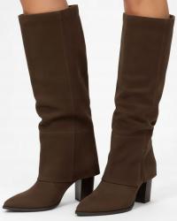 KOZAKI DAMSKIE NA SŁUPKU BRĄZOWE ZAMSZOWE