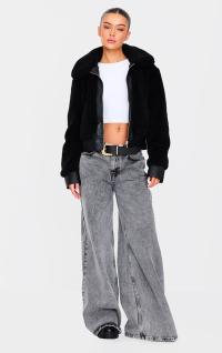 CZARNA KLASYCZNA KURTKA FUTRO ZAMEK KOŁNIERZ PROSTA PRETTYLITTLETHING 42