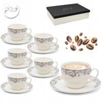 Komplet Filiżanek ze Spodkiem 6+6 Elegancki Serwis Kawowy Porcelana 230ml