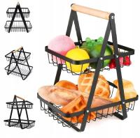 KOSZYK DWUPOZIOMOWY KOSZ NA OWOCE OZDOBNY METAL CZARNY DREWNIANA RĄCZKA