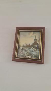 PIEKNA STARA CHROMOLITOGRAFIA OBRAZU PEJZAZ W SNIEGU VAN DER NEER