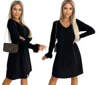 EKSKLUZYWNA SUKIENKA Trapezowa Luźna RĘKAW PIÓRO Dekolt V CZARNA