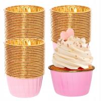 PAPILOTKI FOREMKI DO MUFFINEK BABECZEK ALUMINIOWE ZŁOTE RÓŻOWE FORMA 50 SZT