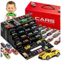 SAMOCHODZIKI AUTKA RESORAKI W KONTENERZE Z NAPĘDEM METALOWE + PLANSZA 48SZT