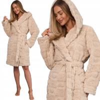 L&L CIEPŁY SZLAFROK Z KAPTUREM I KIESZENIAMI W SERCA ANGORA BEŻ