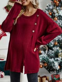LUŹNY BORDOWY SWETER CIĄŻOWY DZIANINOWY Z ROZCIĘCIEM OZDOBNE GUZIKI SHEIN L