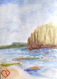 Akwarela, obraz, obrazek, klif, pejzaż