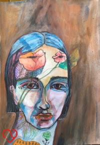 Akwarela, portret, kobieta, mak