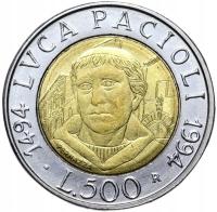 Włochy - 500 Lir Lirów 1994 - LUCA PACIOLI 1494-1994 - BIMETAL - Rzym