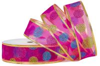 WSTĄŻKA Z DRUCIKIEM Z BROKATEM KOLOROWE SPIRALE 4cm/10m MALINOWA